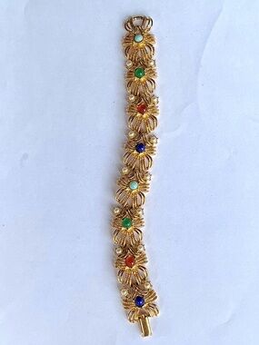 Vintage 1960’s mogul Style Glass Cabochon and Faux Pearl panel Bracelet